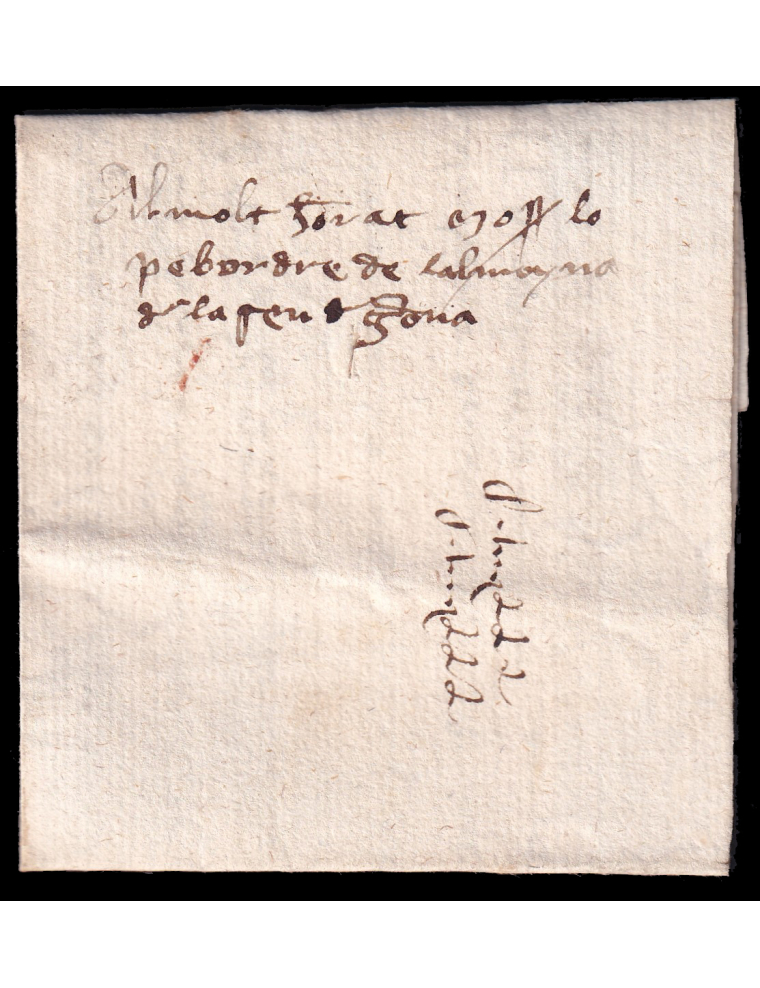 1400 circa (12 NOV) Medinyà a Girona. Sobrescrito dirigido al “Paborde de la almoyna de la Seu de Gerona”. Texto en catalán de m