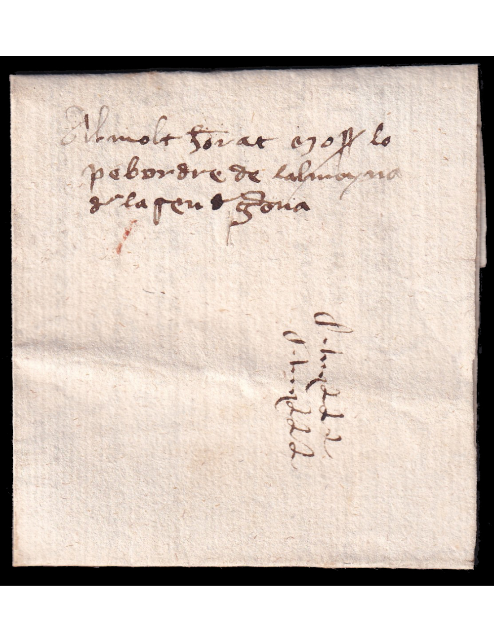 1400 circa (12 NOV) Medinyà a Girona. Sobrescrito dirigido al “Paborde de la almoyna de la Seu de Gerona”. Texto en catalán de m