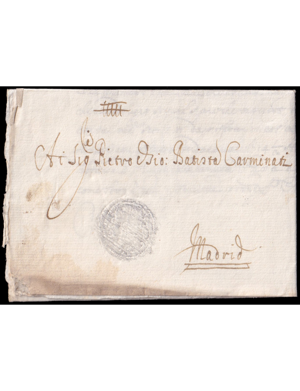 1669 (23 DIC) Amsterdam (Holanda) a Madrid. Signum mercatoris en seco seco de la casa comercial que encaminó la carta y al dorso