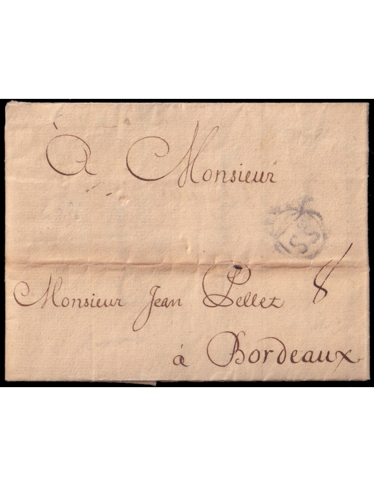 1724 (7 ABR) San Sebastián a Burdeos (Francia). Marca “S/SN” en escudo heráldico con adornos (n2) en negro. Porteo mns. “8”soles