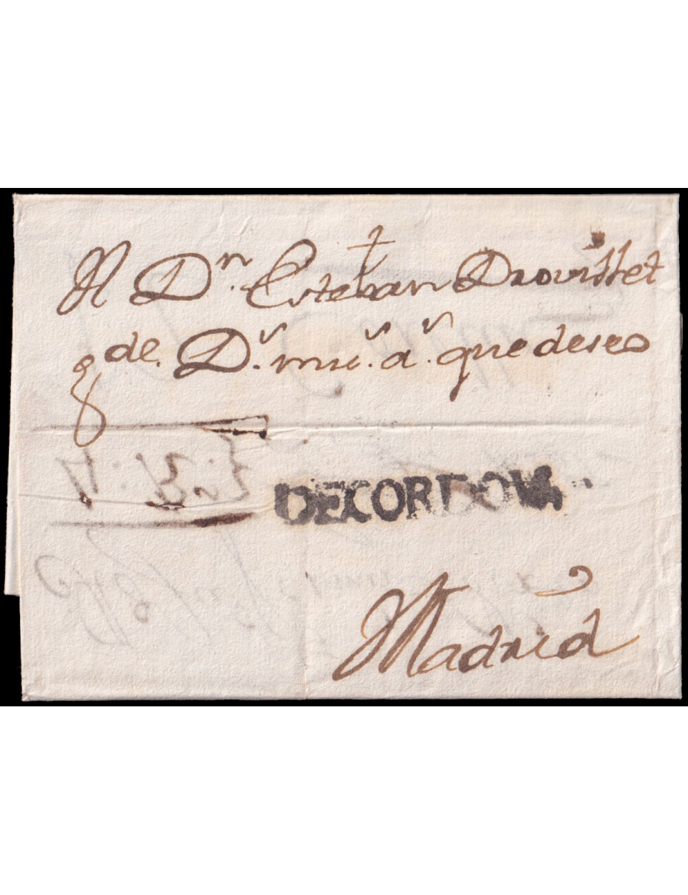 1730 circa. Córdoba a Madrid. Marca “DE CORDOVA” lineal (n1) en negro. Rarísimo ejemplar en envuelta de doble uso. Ex. Col. J. d