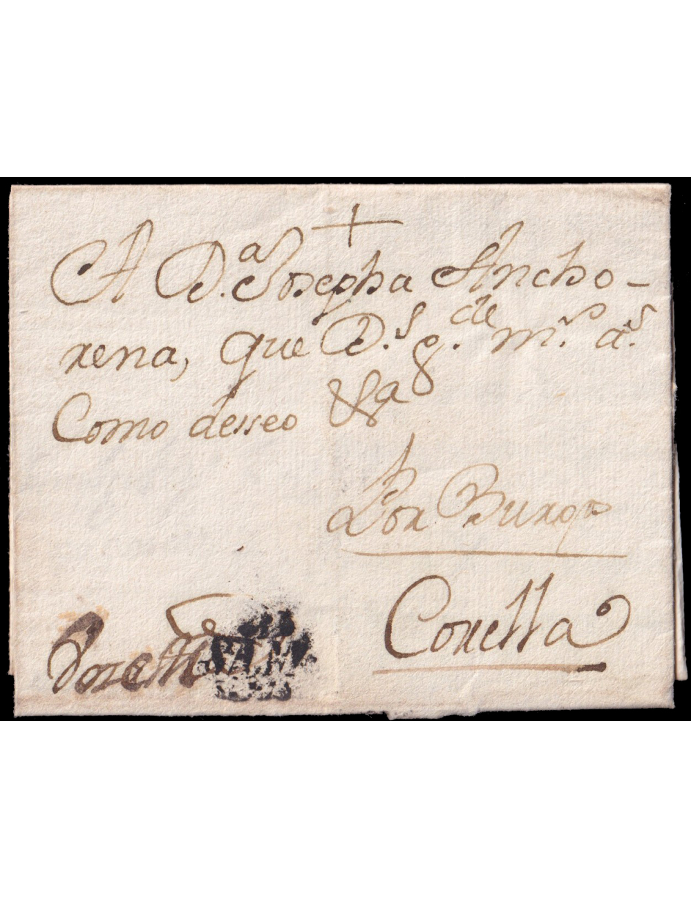 1730 (ENE) Salamanca a Corella (Navarra). Marca “SALAM” embebida con adornos (n1) en negro. Porteo mns. rectificado de “8” a “do