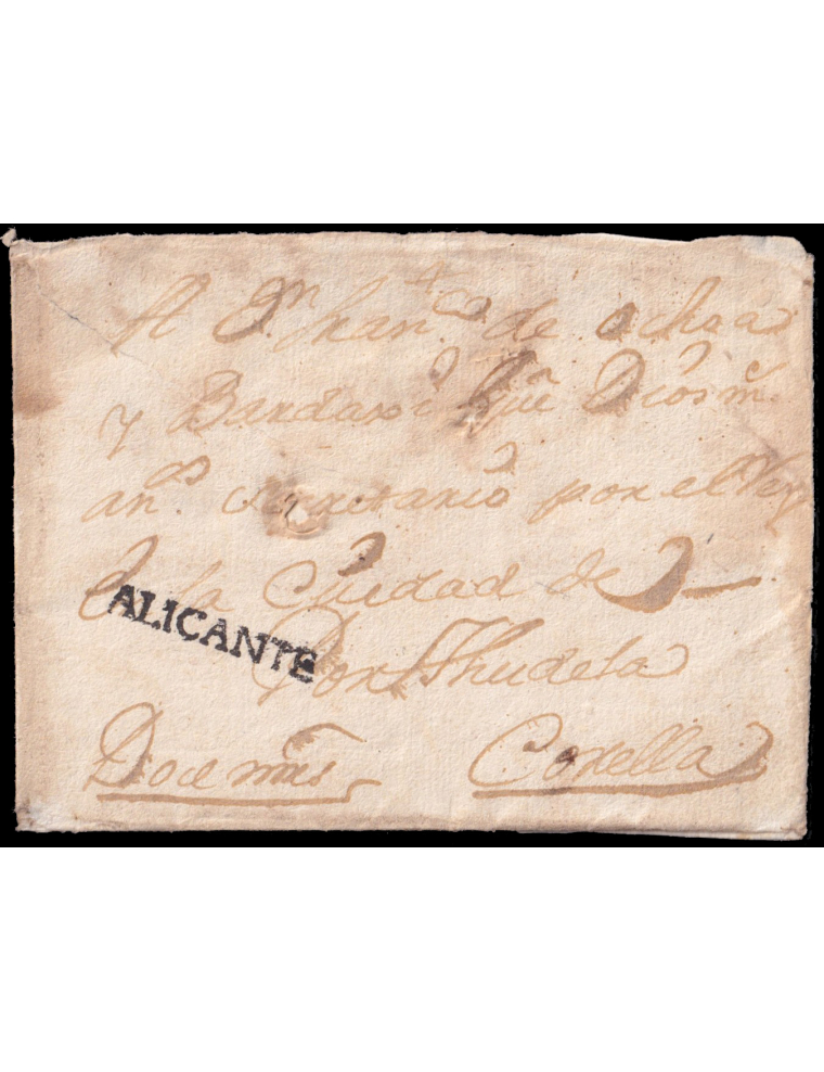 1740 circa. Alicante a Corella (Navarra). Marca “ALICANTE” (n5) lineal de 30 milímetros en negro intenso. Porteo mns. “Doce mrs”