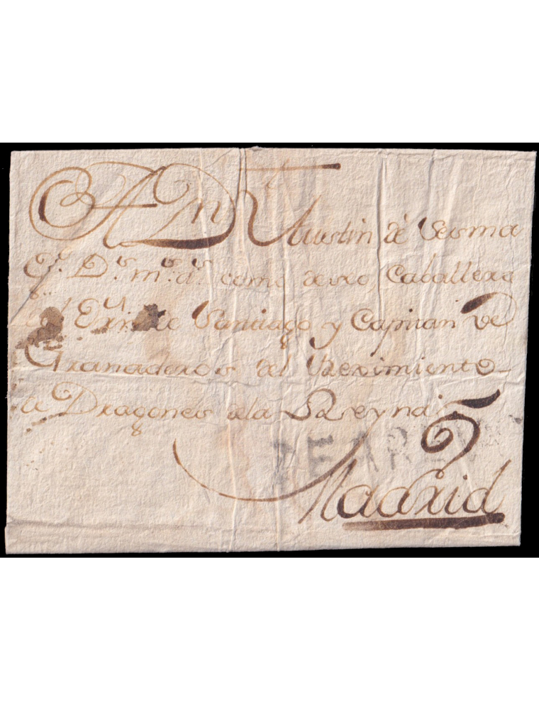 1742 circa. Arévalo a Madrid. Marca “DE AREVAO” lineal (n1) embebida en negro. Porteo mns. “Doce mrs” maravedís. Extremadamente 