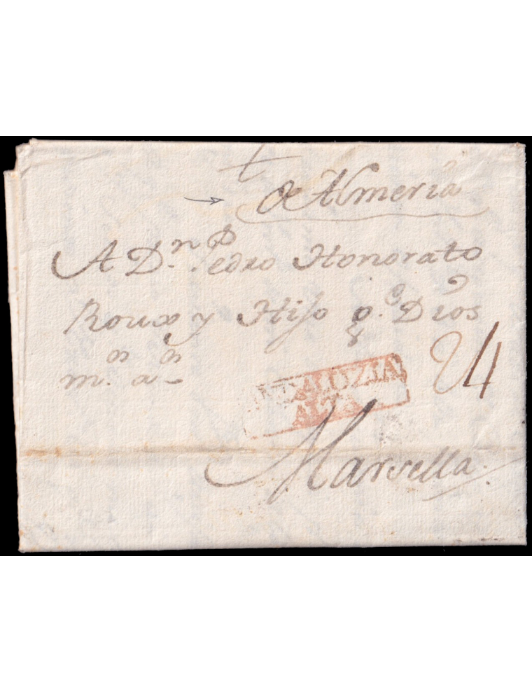 1762 (25 MAR) Almería a Marsella (Francia). Marca mns. “De Almeria” inédita y “ANDALUZIA/ ALTA”(n2) recuadrada en rojo. Porteo m