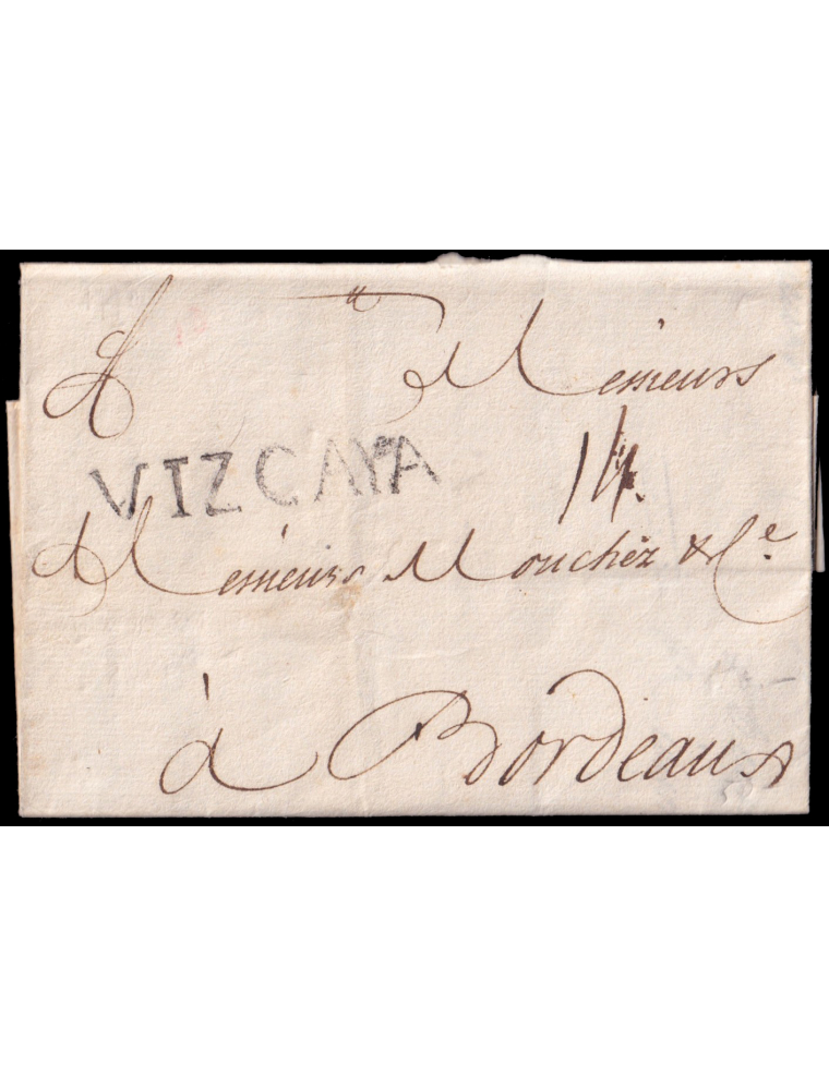 1770 (26 MAR) San Sebastián a Burdeos (Francia). Marca “VIZCAYA” (n10) en negro de San Sebastián. Porteo mns. “14” soles. Muy bo