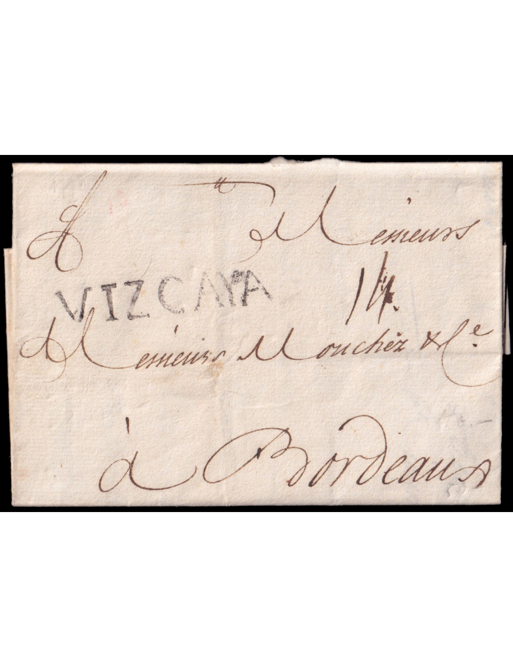 1770 (26 MAR) San Sebastián a Burdeos (Francia). Marca “VIZCAYA” (n10) en negro de San Sebastián. Porteo mns. “14” soles. Muy bo