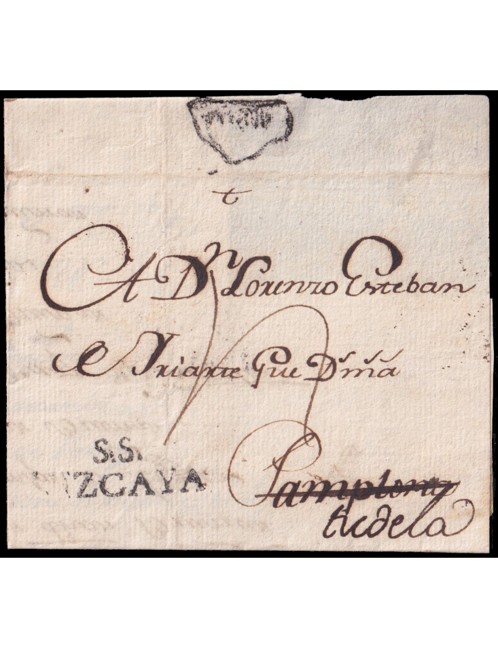 1771 circa. San Sebastián a Pamplona y reexpedida a Tudela. Marca “S.S./ VIZCAYA” (n11) en negro de San Sebastián. Al dorso marc