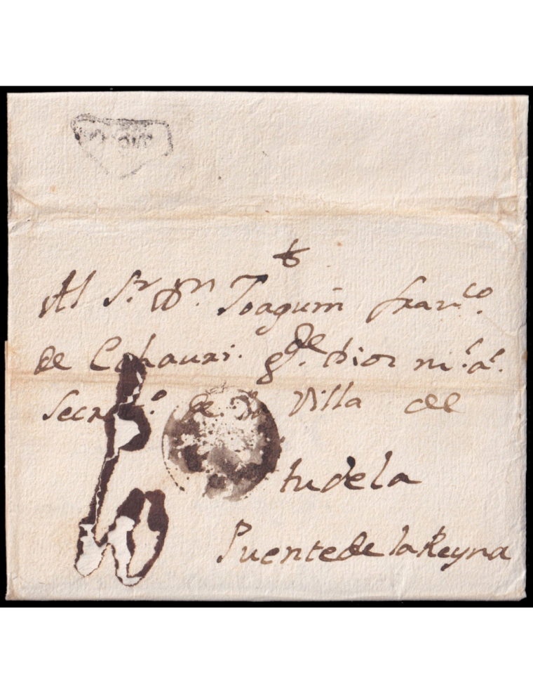 1773 (10 MAY) Alcañiz a Puentelareina (Navarra). Marca “ARA/ GON” coronada (n1) en tinta de escribir. Al dorso marca “PAMPLON” (