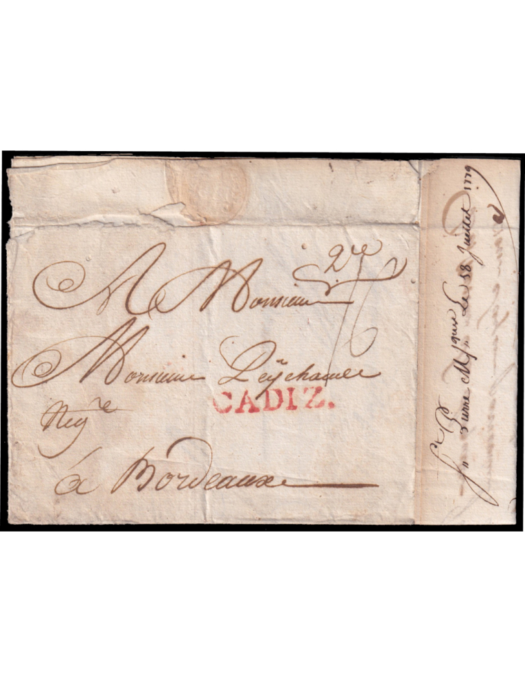 1779 (18 SET) “Saint Pierre”(Martinica)a Burdeos (Francia).Marca“CADIZ” lineal (n13) en rojo. Porteo mns. “16”. Muy rara carta c