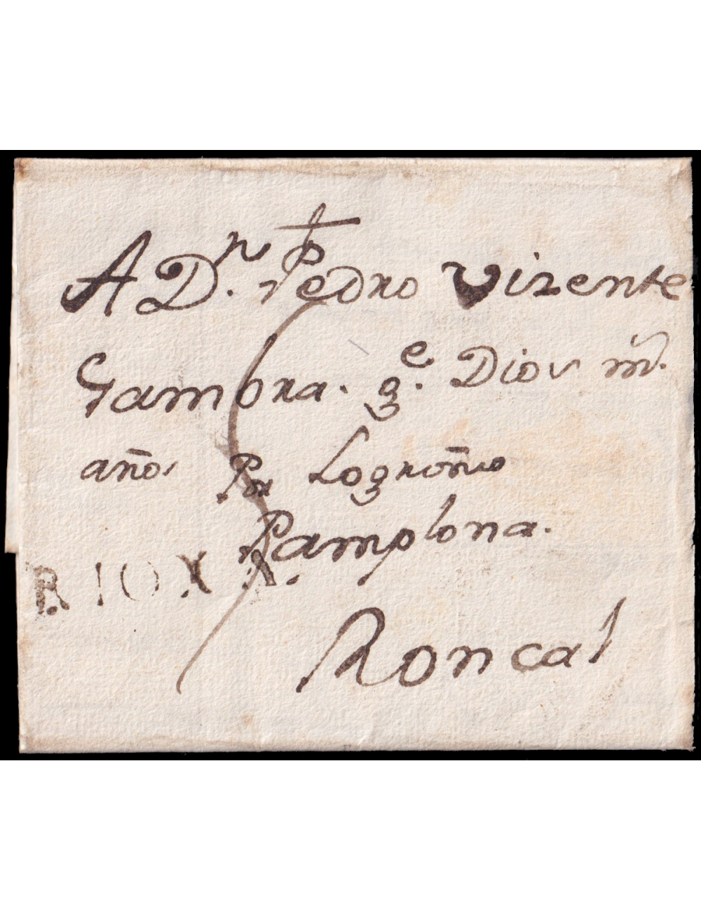 1791 (9 ENE) Alfaro a Roncal. Marca “RIOXA” lineal (n2) en tinta de escribir. Porteo mns. “5” cuartos. Muy rara en fecha inédita