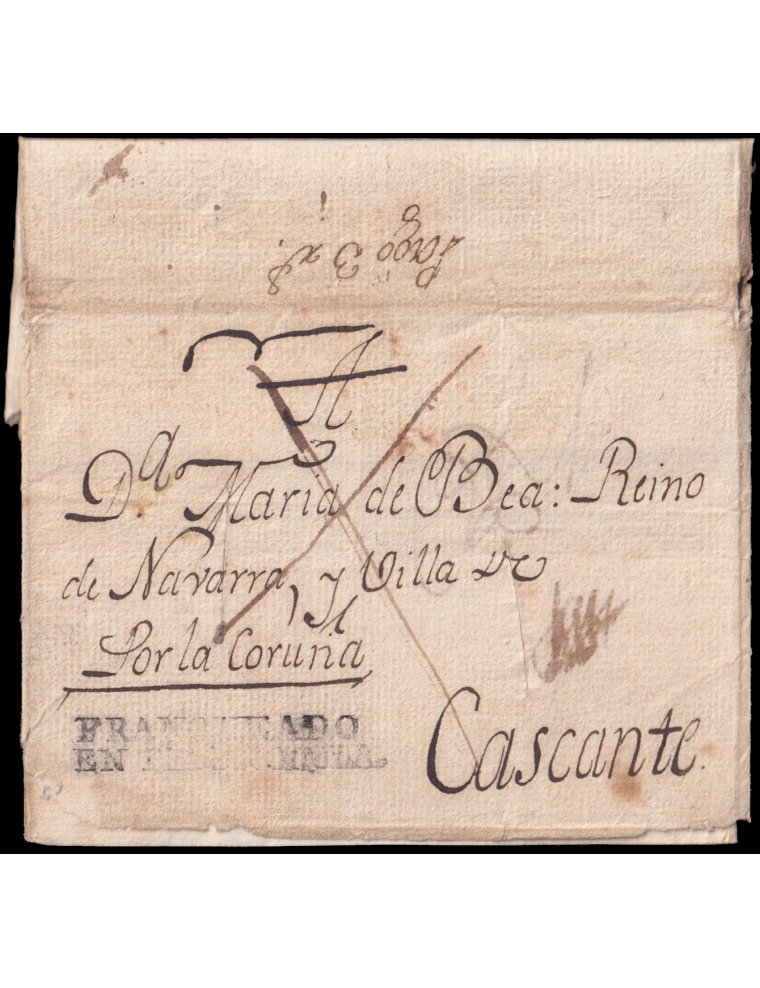 1800 (25 AGO) Teposcolula (Méjico) a Cascante (Navarra). Marca “FRANQUEADO/ EN TEPOSCOLULA”(n2) en negro. Aspado de franqueo y d