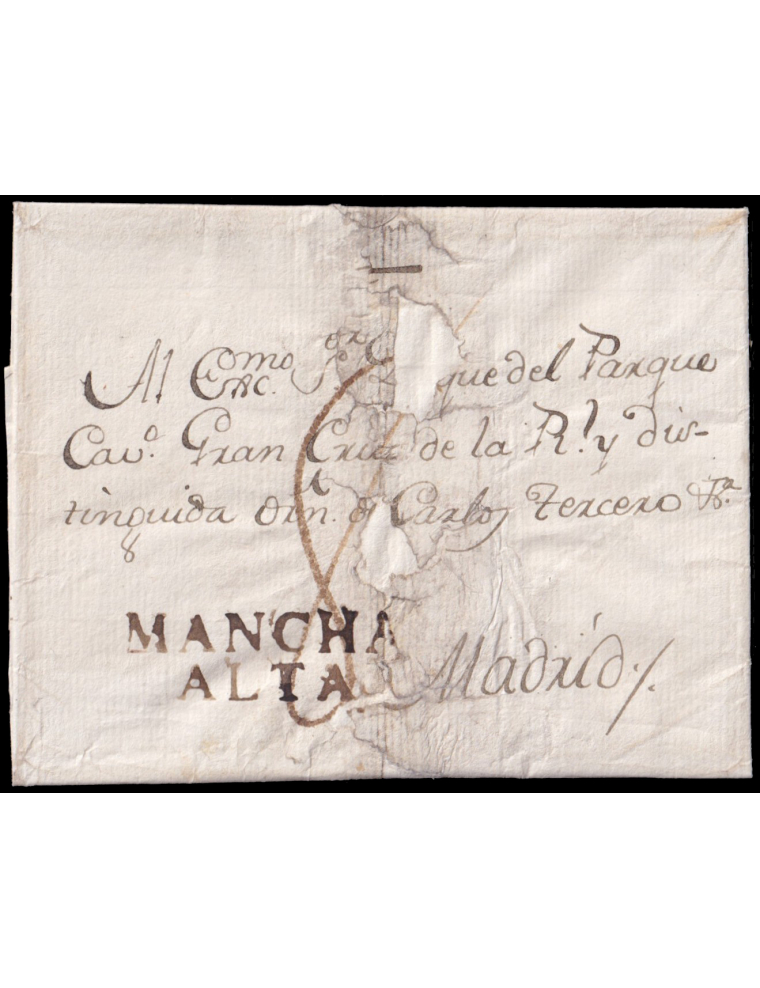 1808 circa. A Madrid. Marca “MANCHA/ ALTA” (n1) en tinta de escribir de Alcázar de San Juan. Porteo mns. “8” cuartos en negro. P