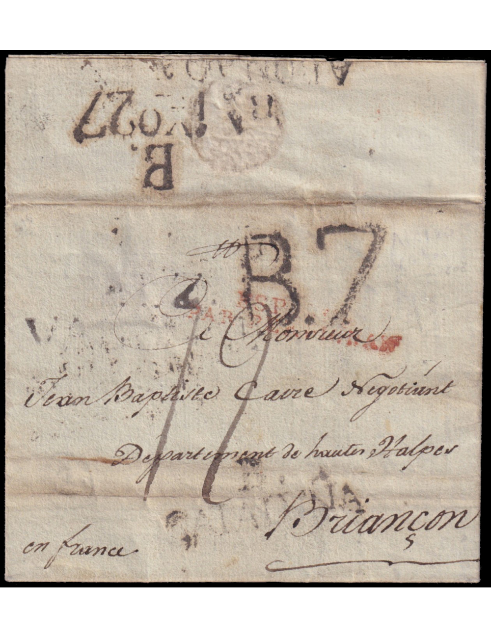 1808 (23 MAY) Alcira a Briançon (Francia). Marca de origen ilegible “B./ CATALUÑA” y “B./ ABONADA” (n46 y n71) ambas en negro de