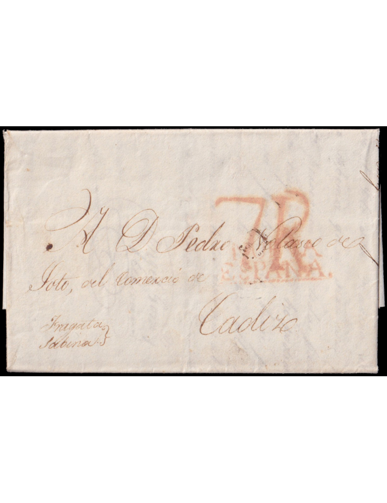 1817 (14 JUN) Veracruz a Cádiz. Marca “NUEVA/ ESPAÑA” (n12) en recuadro discontinuo en rojo de Veracruz. Porteo “7R” reales en r