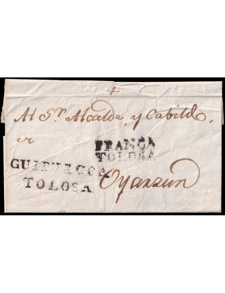 1819 (16 MAR) (referencia de archivo) Tolosa a Oyarzun. Marcas “GUIPUZCOA/ TOLOSA” y “FRANCA/ TOLOSA”(n6 y 12) en negro de Tolos