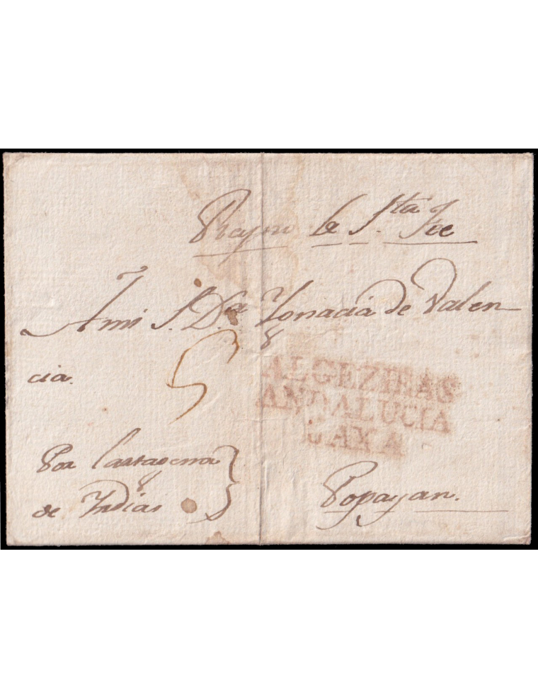 1820 circa. Algeciras a Popayán (Colombia). Marca “ALGEZIRAS/ ANDALUCIA/ BAXA” (n4) en rojo aceitoso de Algeciras. Porteo mns. “