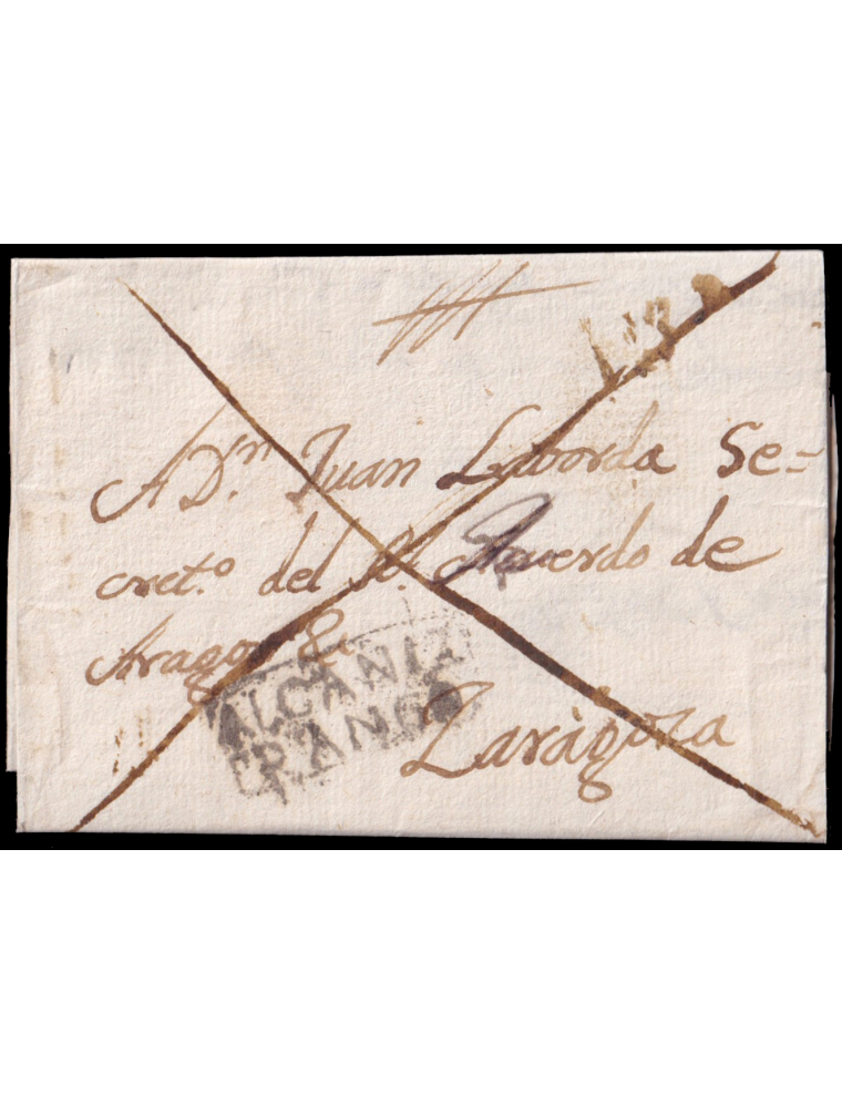 1820 circa (29 ABR). Alcañiz a Zaragoza. Marca “ALCAÑIZ/ FRANCO” (n10) recercada de franqueo en negro de Alcañiz. Aspado en el f