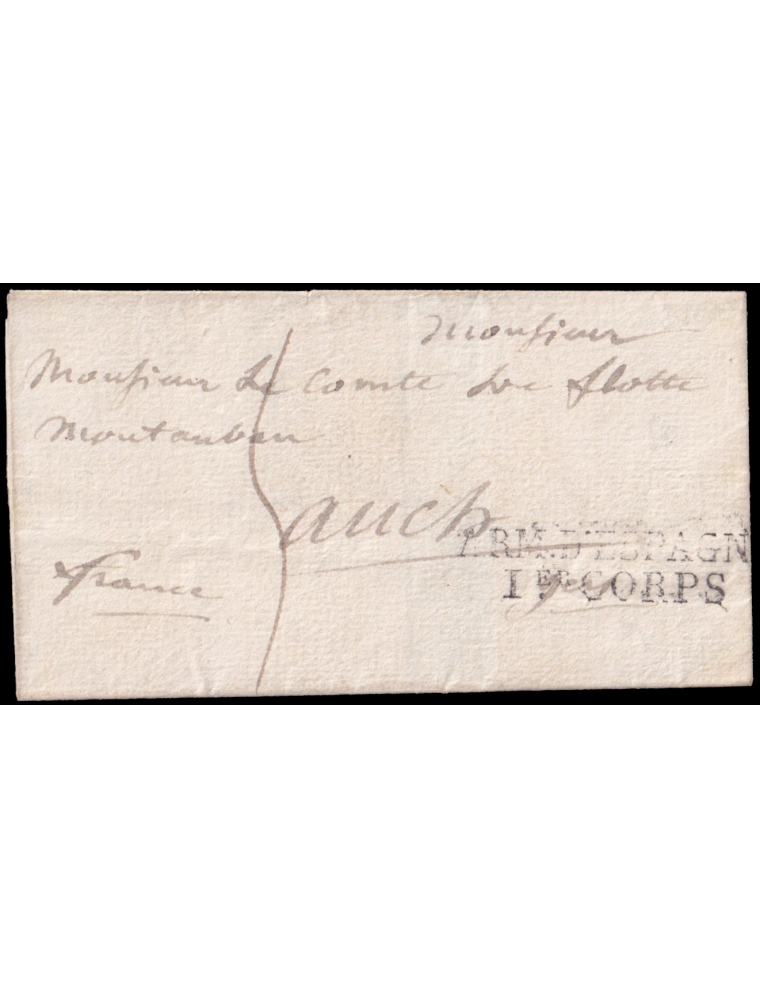 1823 circa. A Auch (Francia). Marca “ARM D’ESPAGNE/ IER. CORPS” (X-3) en negro de los Cien mil Hijos de San Luis. Porteo mns. “5