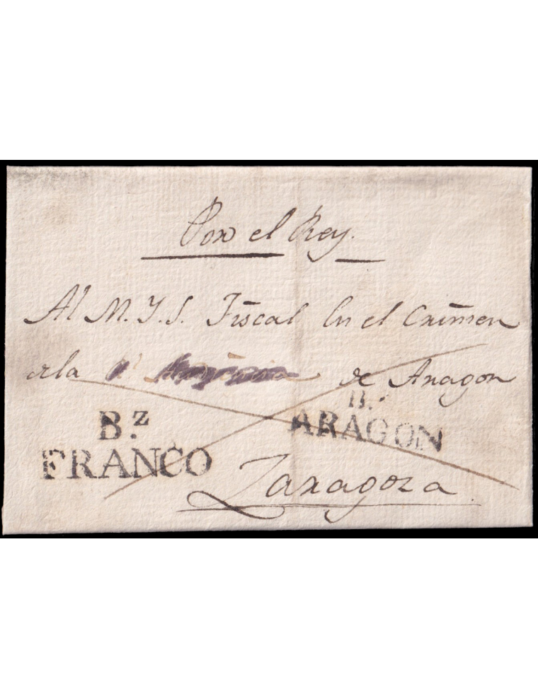 1828 circa. Bujaraloz a Zaragoza. Marcas “BZ./ ARAGON” y “B.Z/ FRANCO” (n2 y 4). Extraordinaria aplicación de la marca de origen