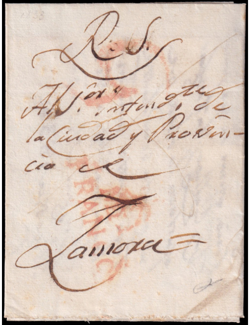 1833 (15 MAY) El Pego a Zamora. Marca “MEDA./FRANCO” (n9) de franqueo y porteo “5” cuartos ambas en rojo de Medina del Campo. As