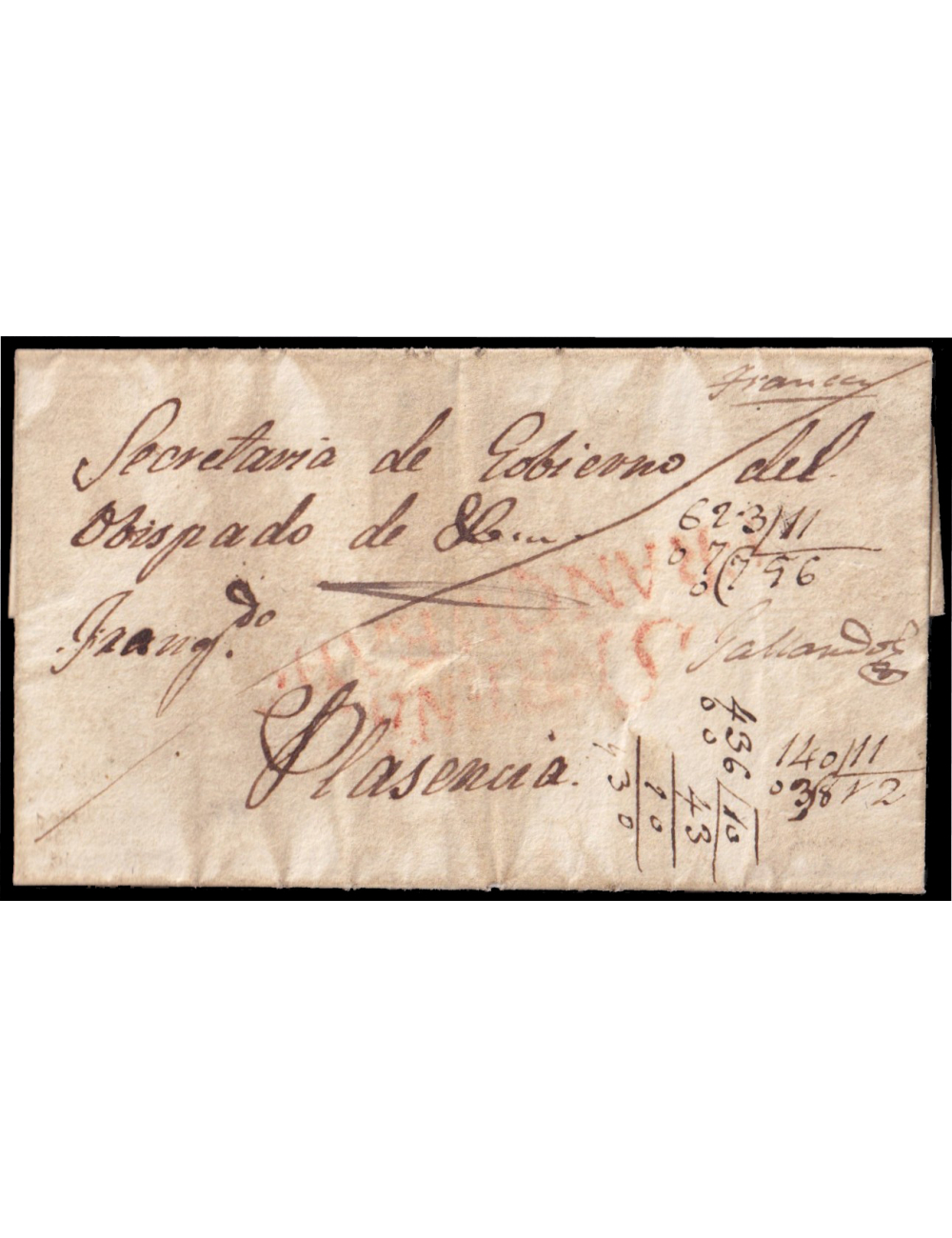 1836 circa. A Plasencia. Marca “SERENA/ FRANQUEADO” (n7) de franqueo en rojo de Villanueva de la Serena y “Franca/ Gallardo” con