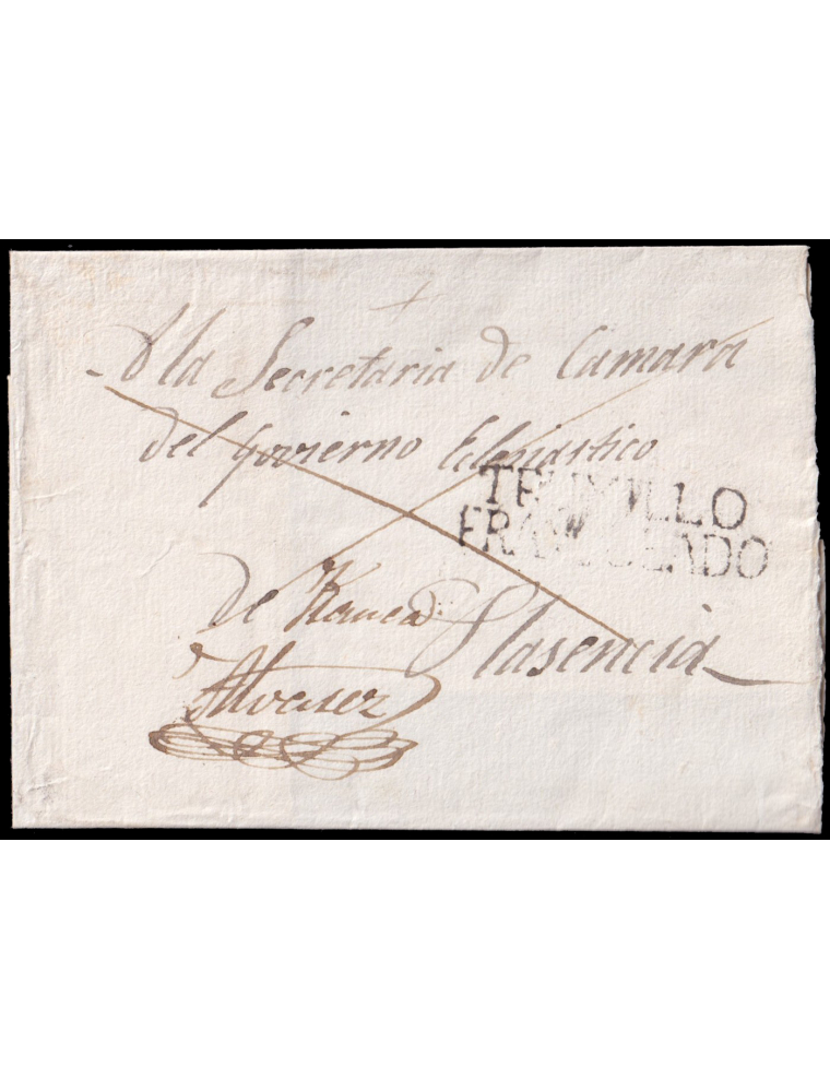 1839 circa. A Plasencia. Marca “TRUXILLO/ FRANQUEADO” (n10) de franqueo en negro de Trujillo y “Franca/ Alvarez” con rúbrica de 