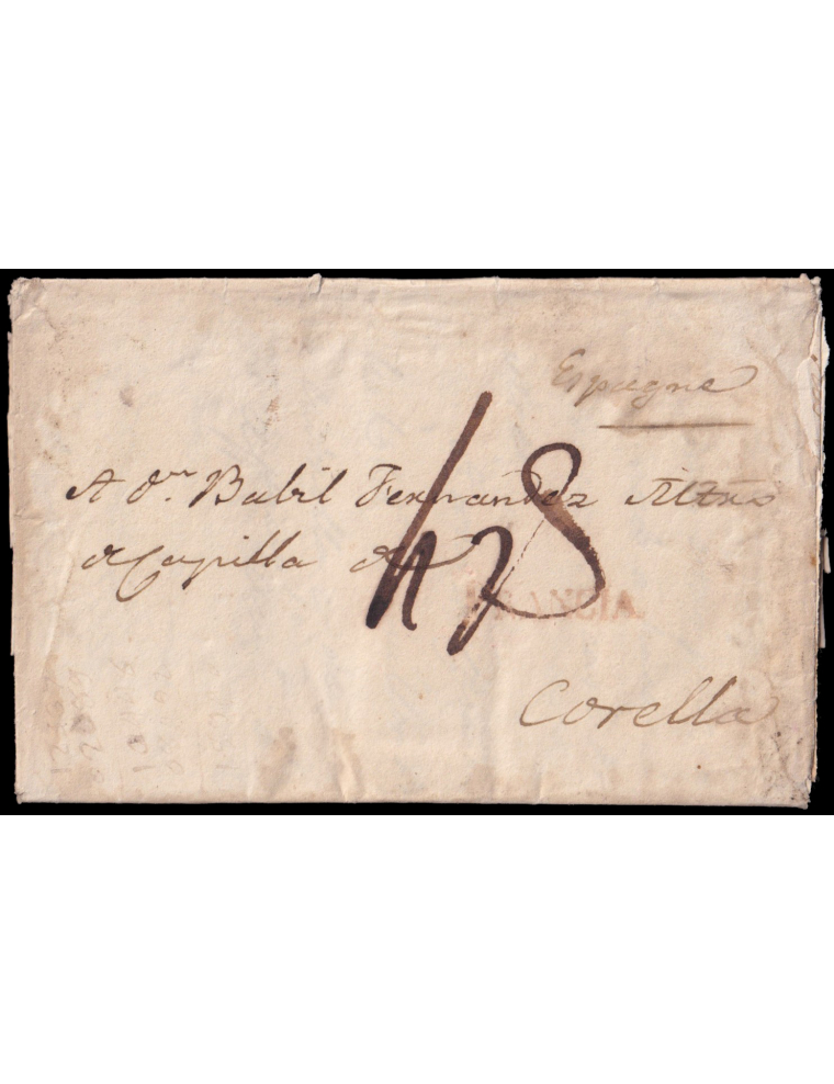 1831 (13 AGO) Bayona (Francia) a Corella (Navarra). Marca “FRANCIA.” (n22) en rojo oxidado de Irún. Porteo mns. “4 rs.”reales. M