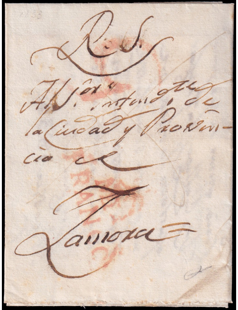 1833 (15 MAY) El Pego a Zamora. Marca “MEDA./FRANCO” (n9) de franqueo y porteo “5” cuartos ambas en rojo de Medina del Campo. As