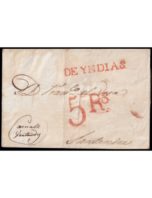 1833 (JUL) La Habana a Santander. Marca “DE YNDIAS” (n25) y porteo “5RS.” reales ambas en rojo de Santander. Dos cortes paralelo