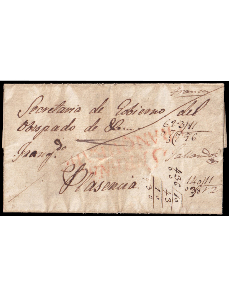 1836 circa. A Plasencia. Marca “SERENA/ FRANQUEADO” (n7) de franqueo en rojo de Villanueva de la Serena y “Franca/ Gallardo” con