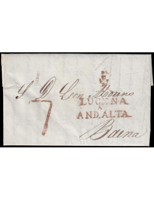 1841 (11 ABR) Lucena a Baena. “LUCENA/ ANDA. ALTA” (n4) y porteo “7” cuartos ambos en rojo oxidado de Lucena. Preciosa y rara ca