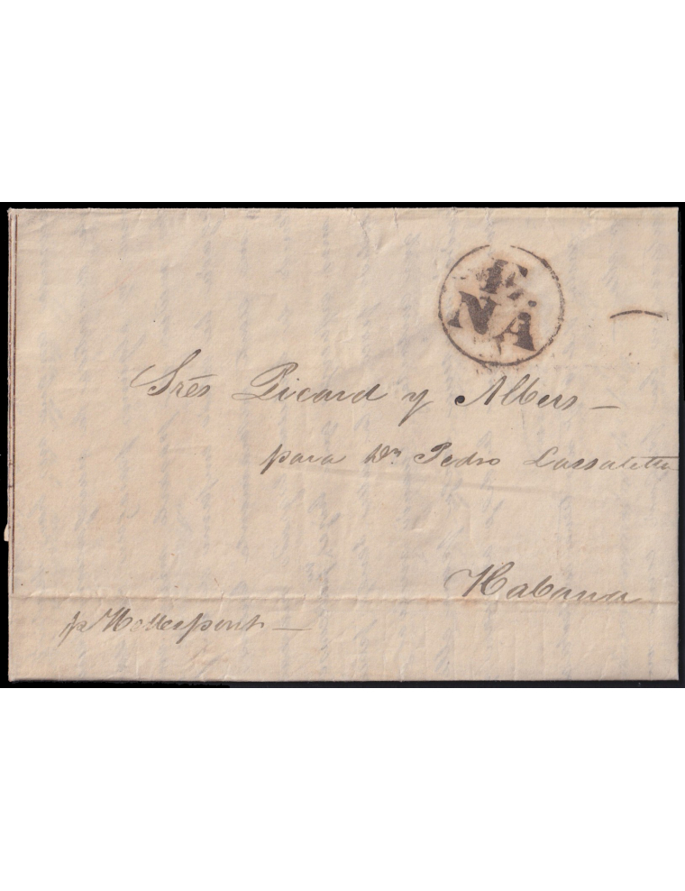 1841 (24 OCT) Nueva York a La Habana. Marca “E./NA” (n66) recercada en negro para indicar el correo de la Empresa procedente de 