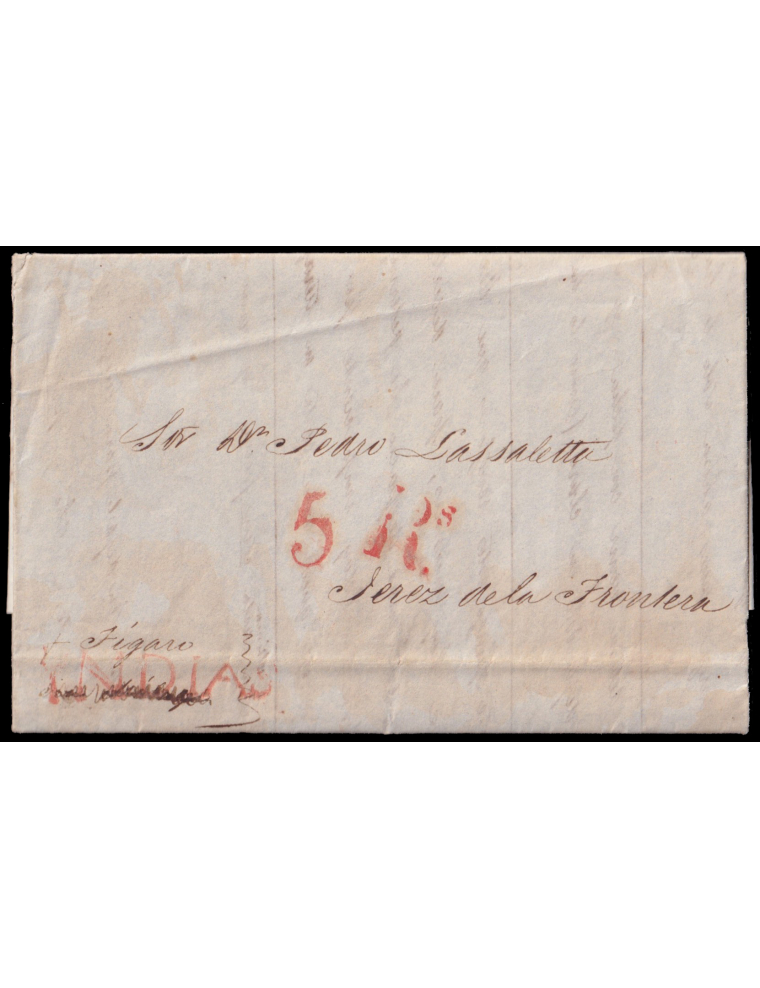 1843 (19 JUL) La Habana a Jerez. Marca “YNDIAS” (n25) en rojo probablemente de Santander. Porteo “5RS.” reales en rojo. Mns. buq