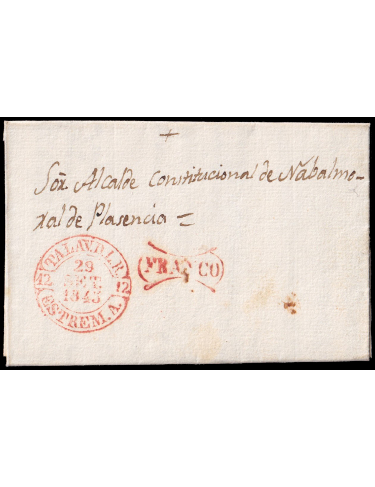 1845 (29 SET) Talavera a Plasencia. Fechador y “FRANCO” (n 9 y12) de uso general en rojo de Talavera de la Reina. Bonita y rarís