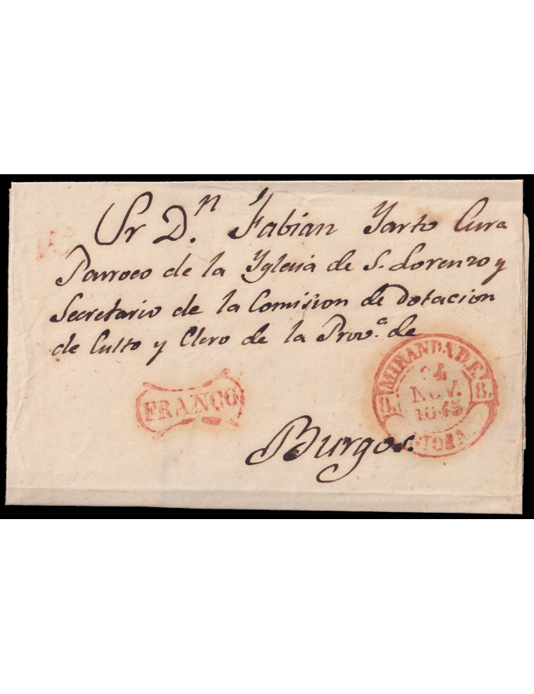 1845 (24 NOV) Miranda de Ebro a Burgos. Fechador y “FRANCO” (n8 y 11) de uso general en rojo aceitoso de Miranda. Al dorso fecha