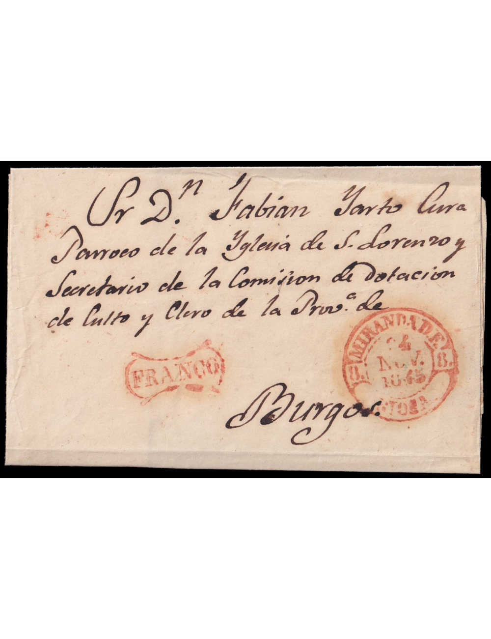 1845 (24 NOV) Miranda de Ebro a Burgos. Fechador y “FRANCO” (n8 y 11) de uso general en rojo aceitoso de Miranda. Al dorso fecha