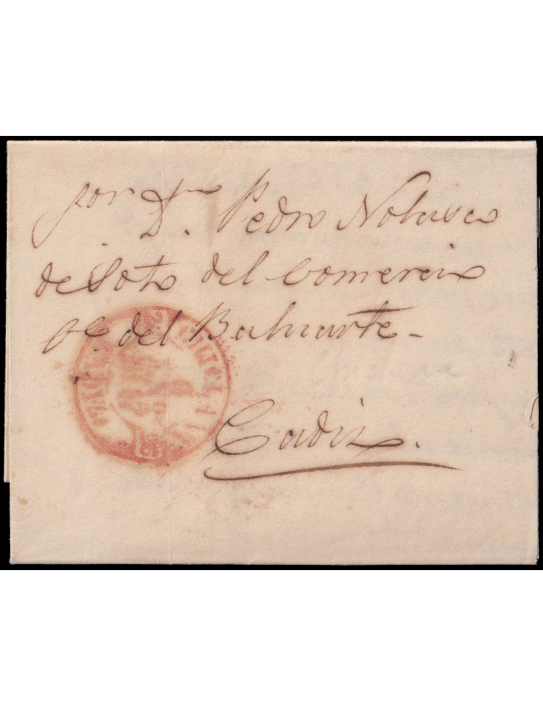 1847 (15 ENE) Chiclana a Cádiz. Fechador en rojo aceitoso. Sin mención de porteo. Muy bonita y rara carta completa. Ex. Col. J. 