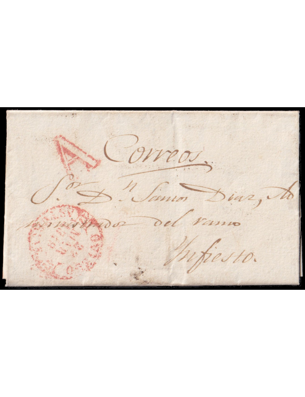 1849 (22 MAR) Oviedo a Infiesto. Fechador y “A” de abono (n15 y 20) ambas en rojo de Oviedo. Mns. “Correos” Interesante carta ex