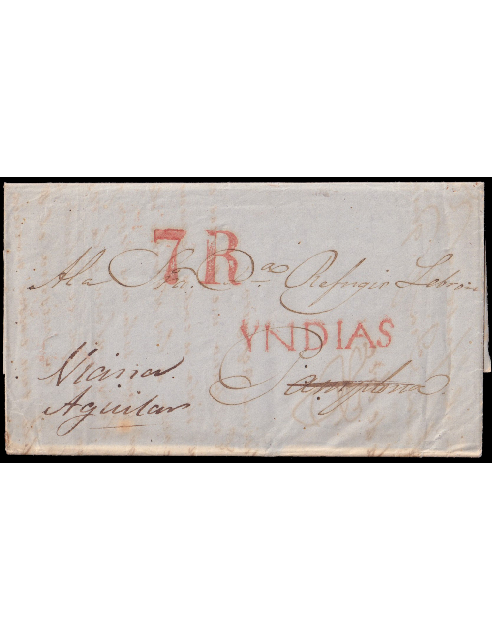 1850 (23 ABR) Zacatecas (Méjico) a Pamplona y reexpedida a Viana y Aguilar. Marca “YNDIAS” (n11) en rojo probablemente de Vigo. 