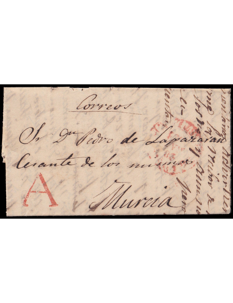 1851 (28 MAR) Madrid a Murcia. Fechador de origen y “A” (n18) de abono en rojo de Murcia. Mns. “Correos”. Interesante carta exen