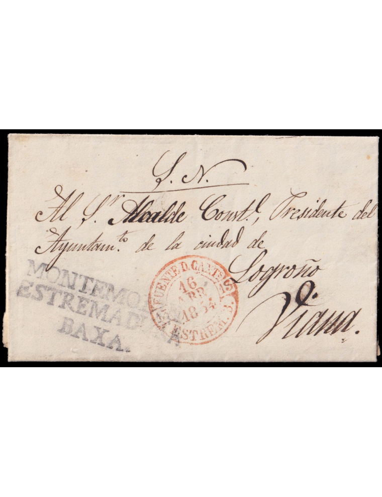 1854 (13 ABR) Montemolín a Viana (Navarra). Marca “MONTEMOLIN/ ESTREMADURRA/ BAXA.” (n1) en negro y fechador de Fuente de Cantos