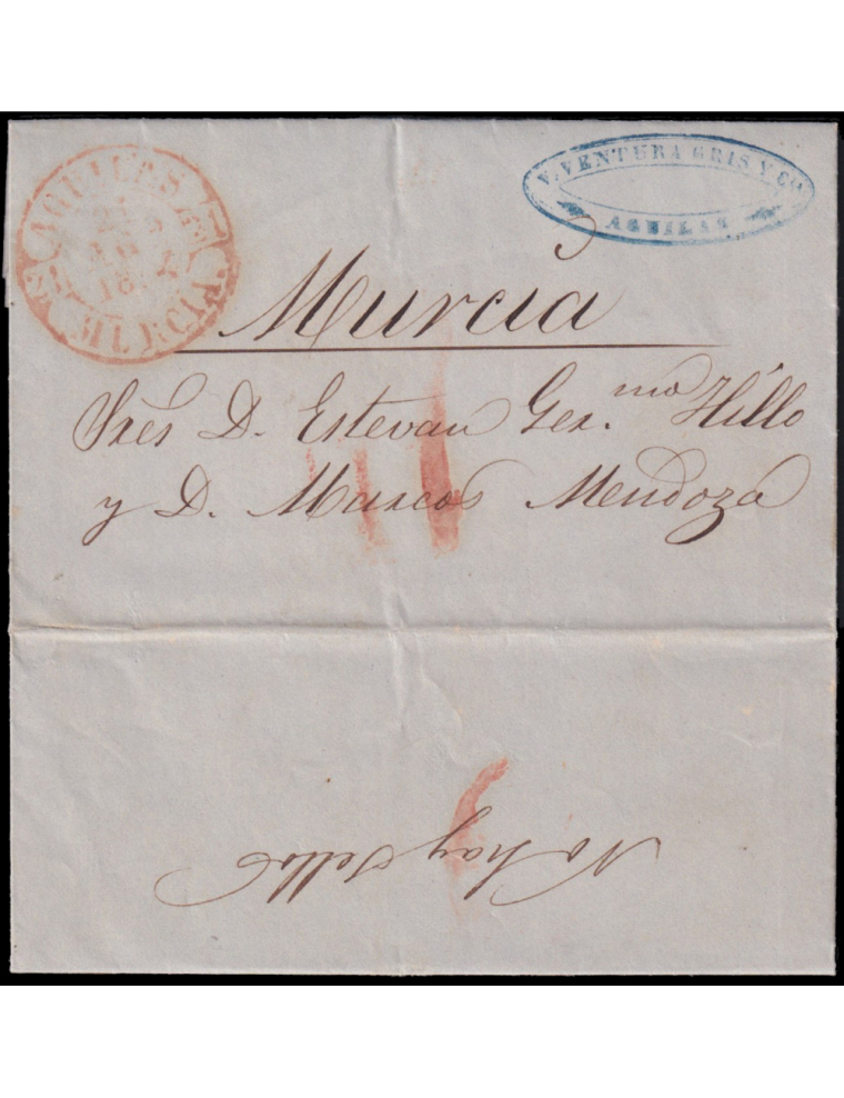 1854 (21 AGO) Águilas a Murcia. Fechador en rojo y porteo “1R” (real). Al dorso mns. “No hay sellos”. Bonita y muy interesante. 