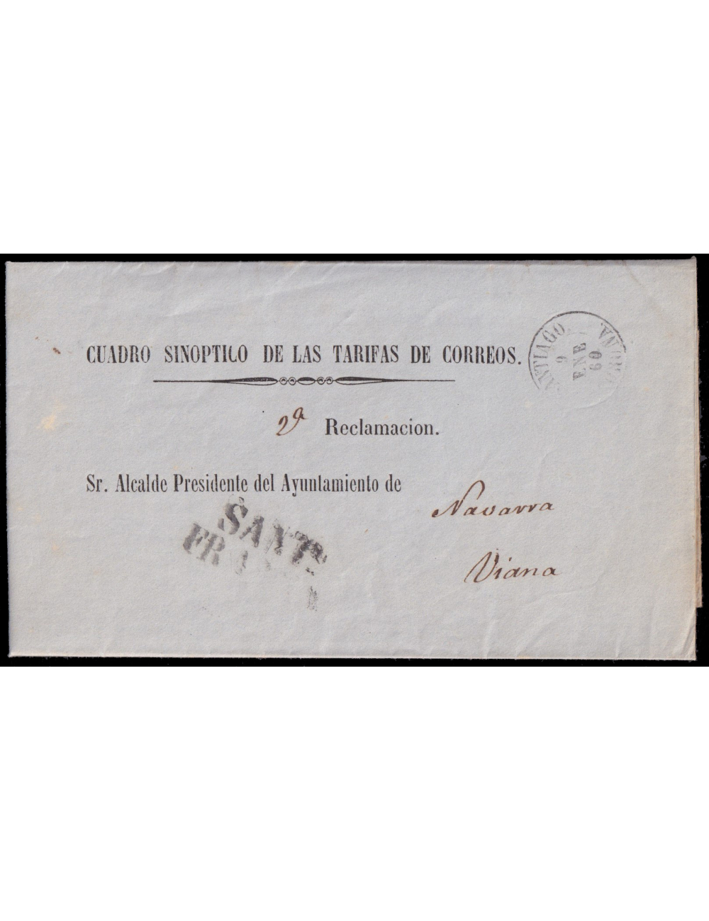 1860 (15 ENE) Santiago a Viana (Navarra). Marca “SANT/ FRANCA” (n23) de franqueo y fechador tipo II ambas en negro de Santiago. 