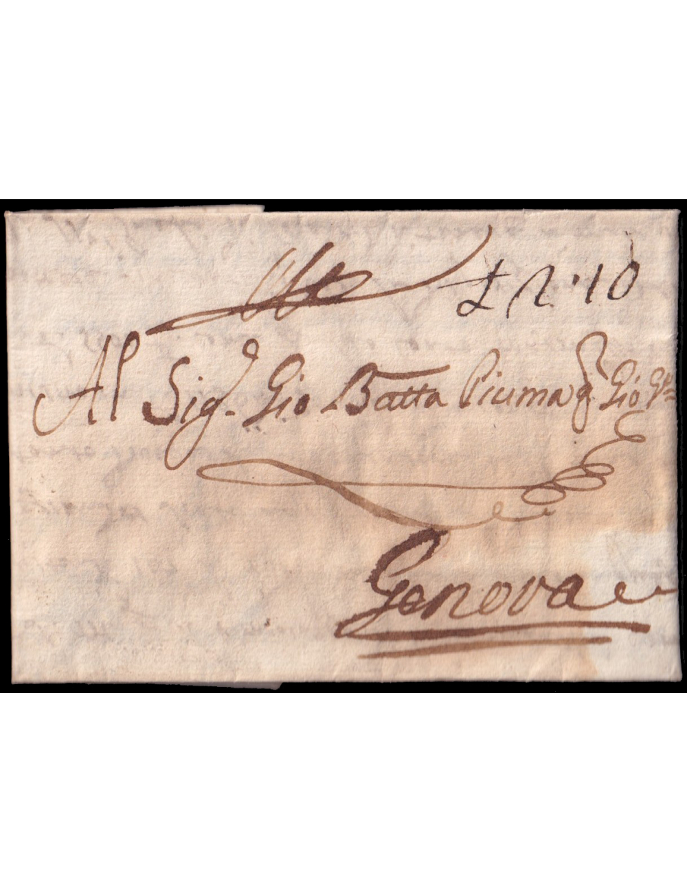 1753 (16 OCT) Cádiz a Génova. Sin marcas postales. Porteo mns. “L 2.10” liras. Manchas de vinagre por desinfección. Interesante 