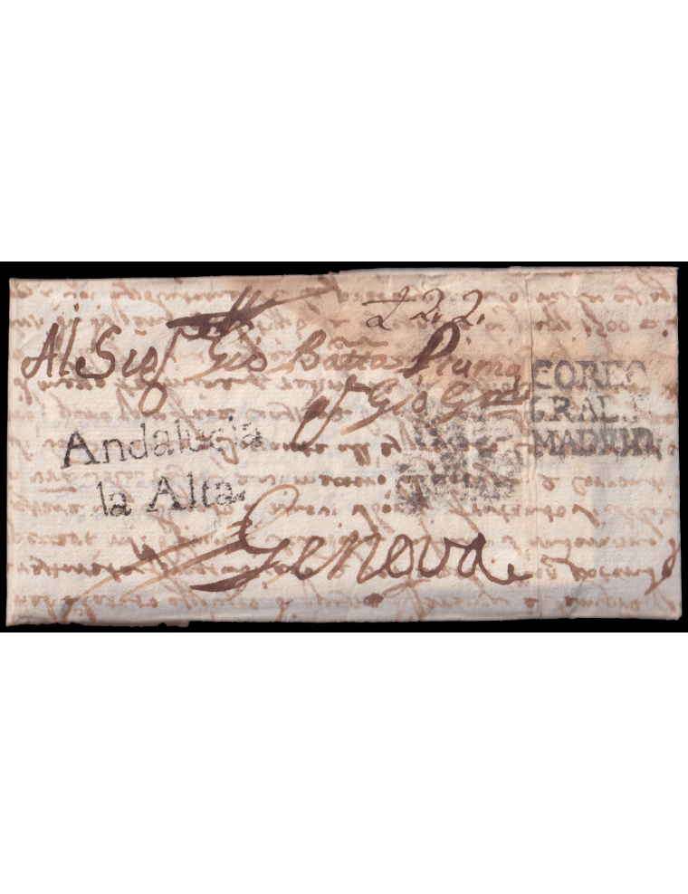 1758 (5 JUN) Cádiz a Génova. Marca “Andalucia/la Alta” (n8) en negro de Cádiz y porteo mns. “1.18” liras. Al dorso marca “COREO/