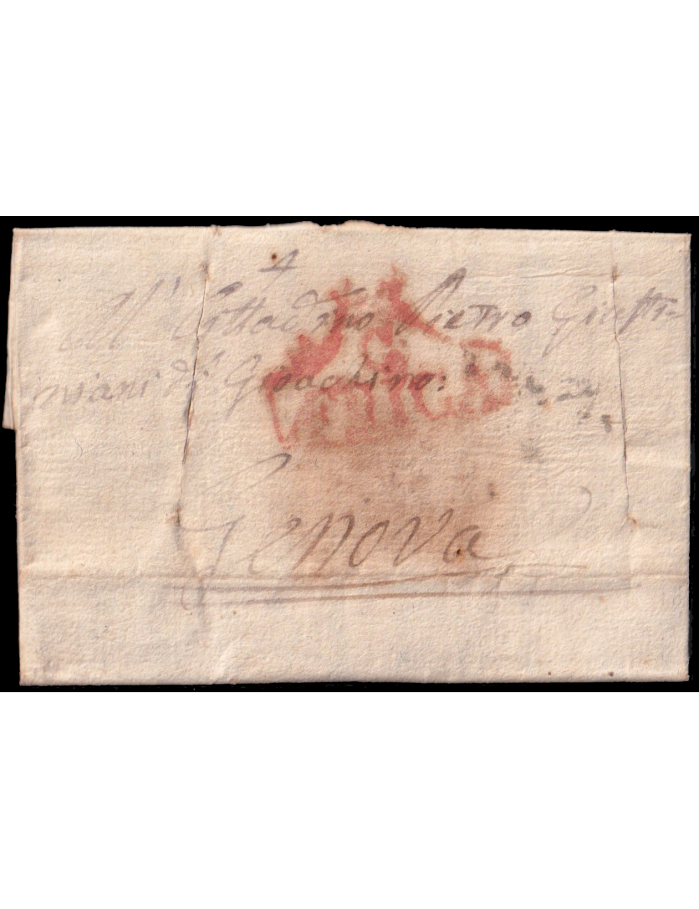 1758 (11 OCT) Cádiz a Génova. Porteo mns. “1.18” liras. Al dorso marca “COREO/ GRAL.D/ MADRID” (n5) en negro de Madrid. Rarísima