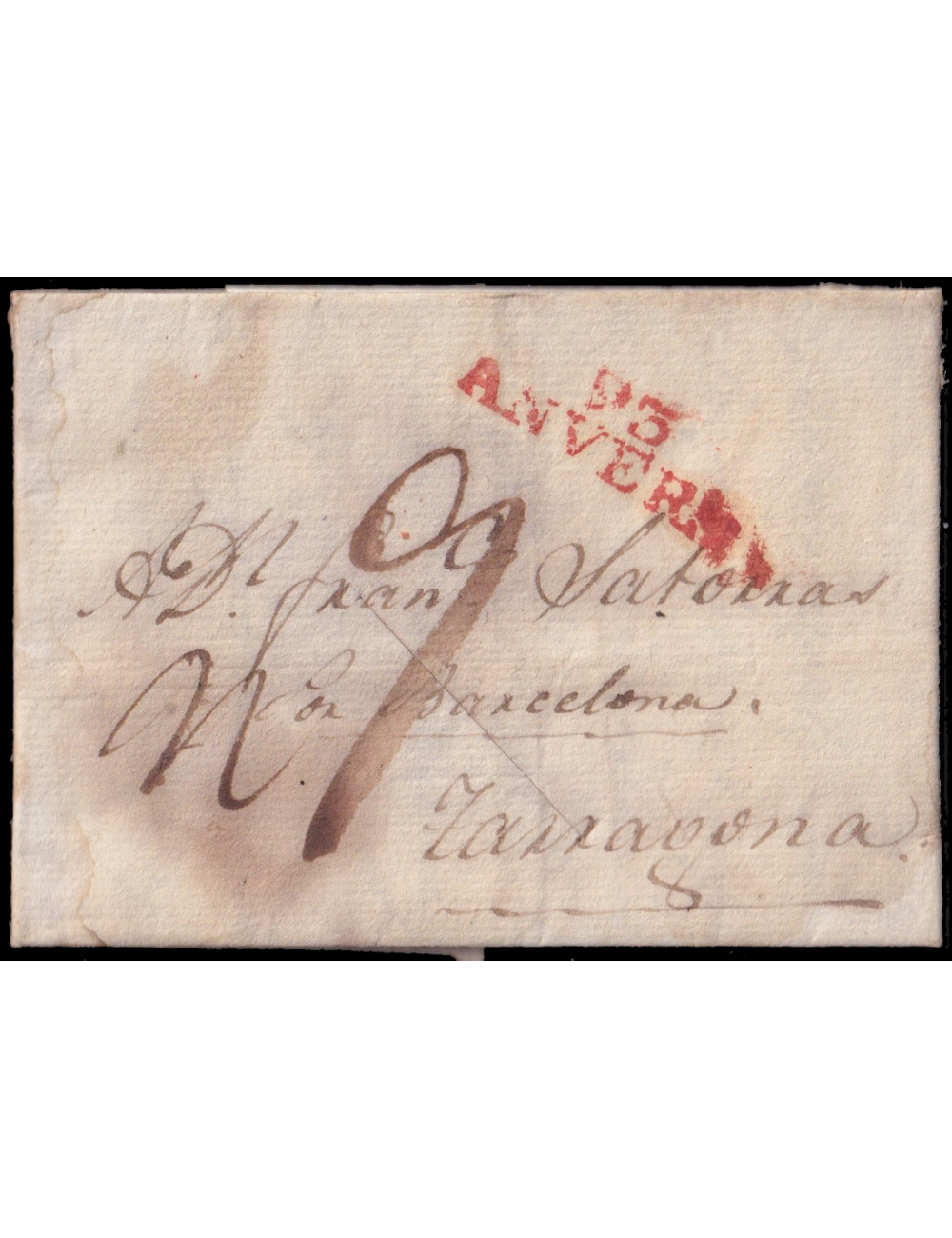 1805 (3 MAY) Ámsterdam a Tarragona. Marca “93/ANVERS” en rojo de Amberes. Porteo mns. “r9” reales. Un corte de desinfección y ma