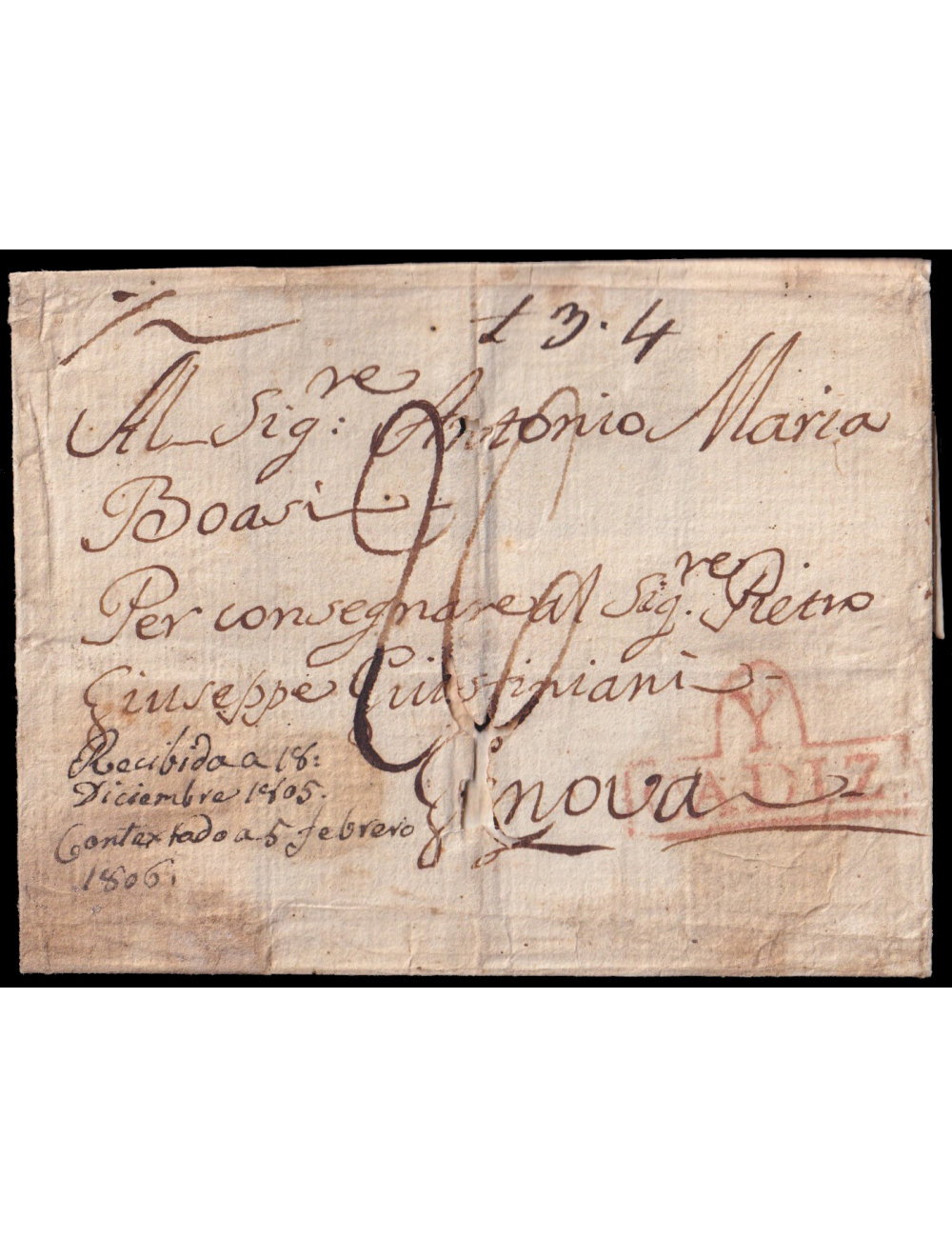 1805 (DIC) a Génova. Marca “Y/ CADIZ” (n1) recercada en rojo de San Fernando. Porteo mns. “L3.4”(liras) y “26”. En el frente ano