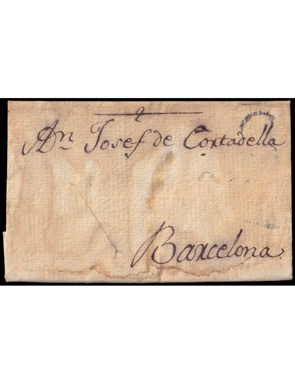 1806 (20 JUN) Tossa (Girona) a Barcelona. Marca “C.8/ CATALUÑA” (n4) en negro de Calella de tímida estampación. Porteo “B.6” cua